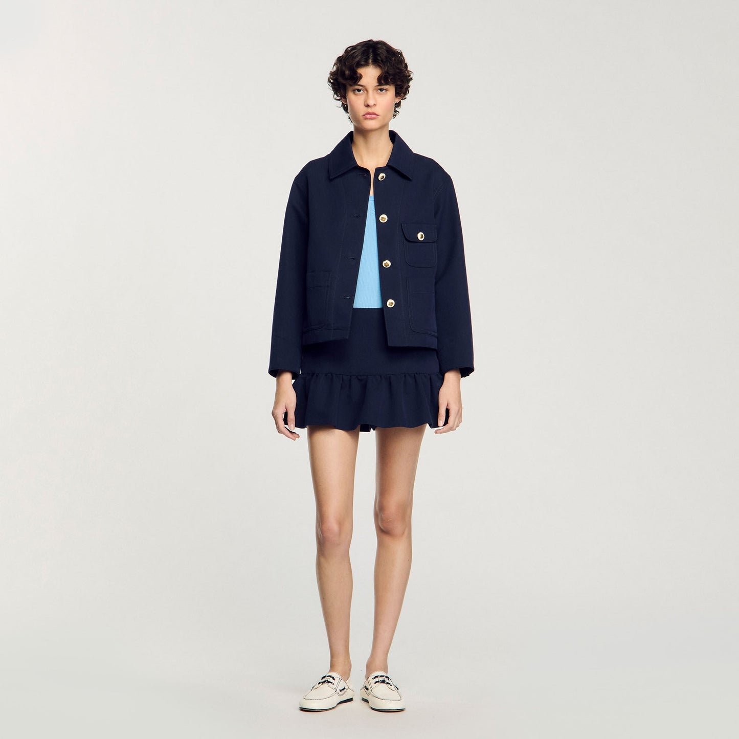 Cropped Jacket With Officer Buttons Navy Blue