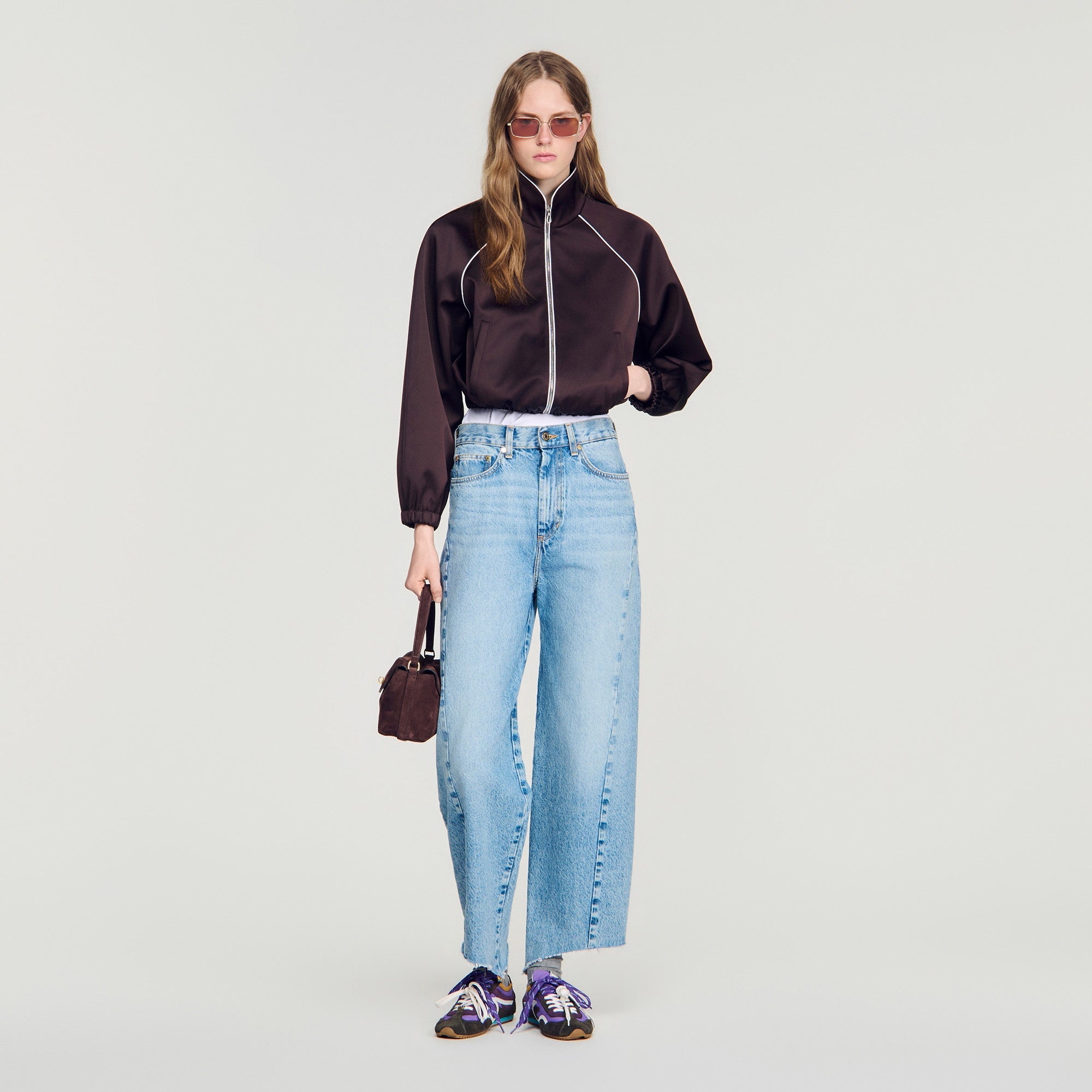 Lizy Cropped embroidered satin jacket Brown