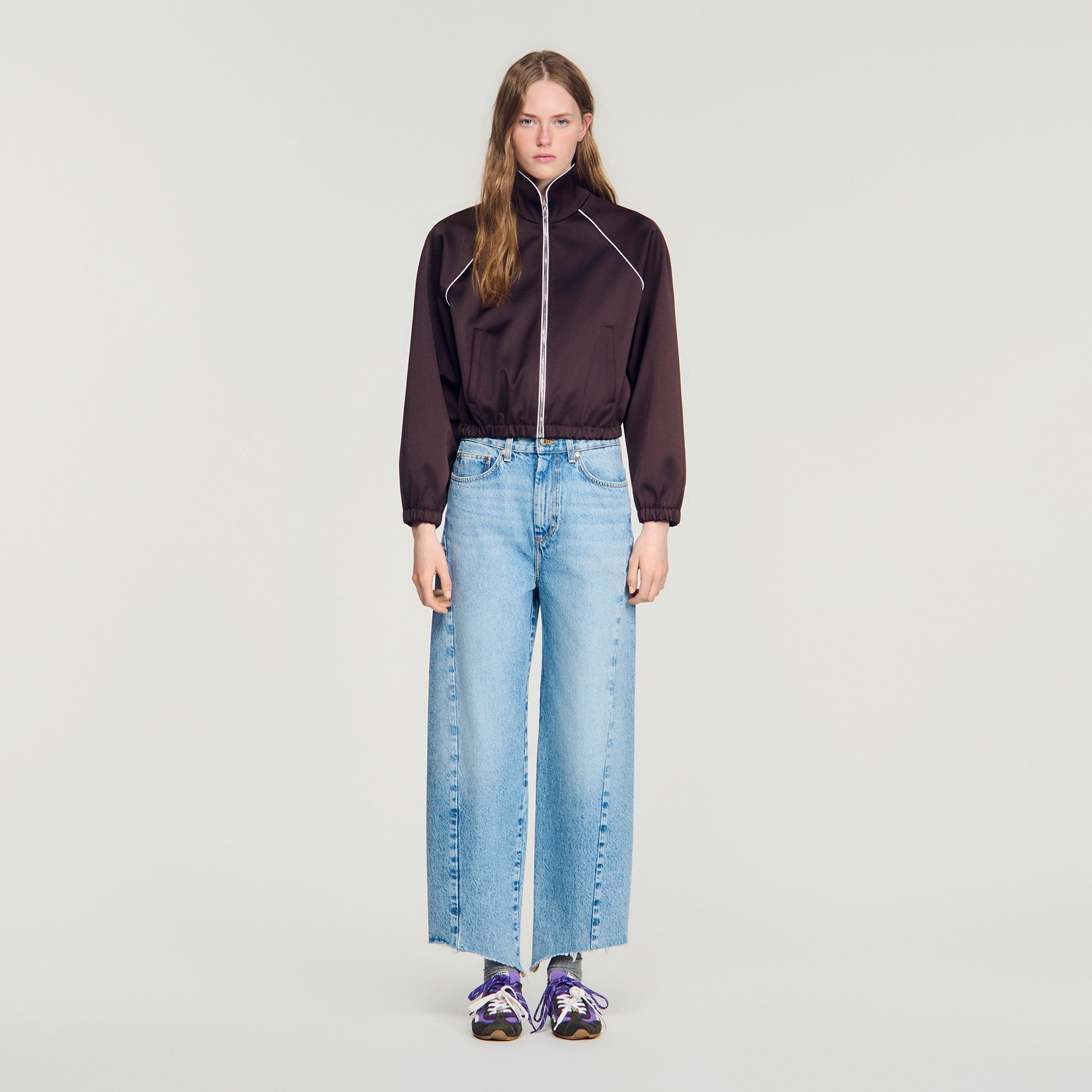 Lizy Cropped embroidered satin jacket Brown