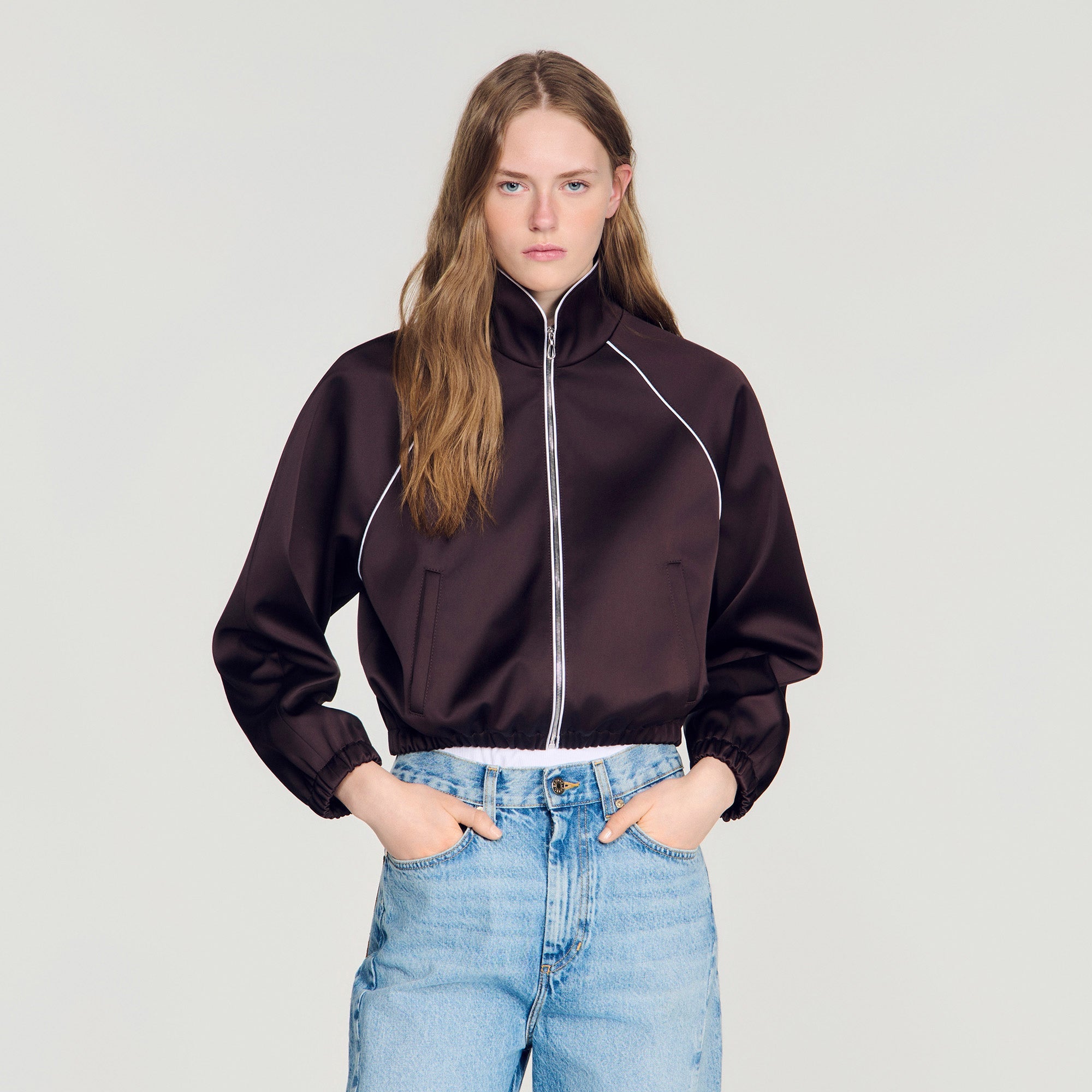 Lizy Cropped embroidered satin jacket Brown
