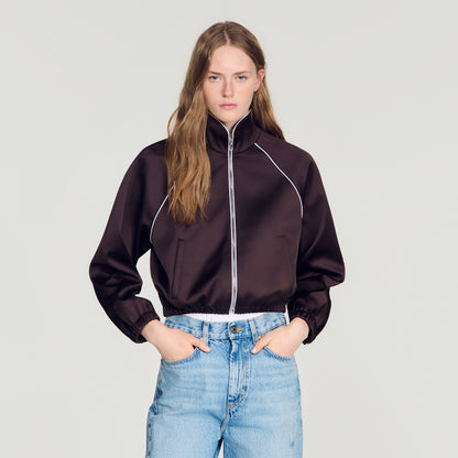 Lizy Cropped embroidered satin jacket Brown
