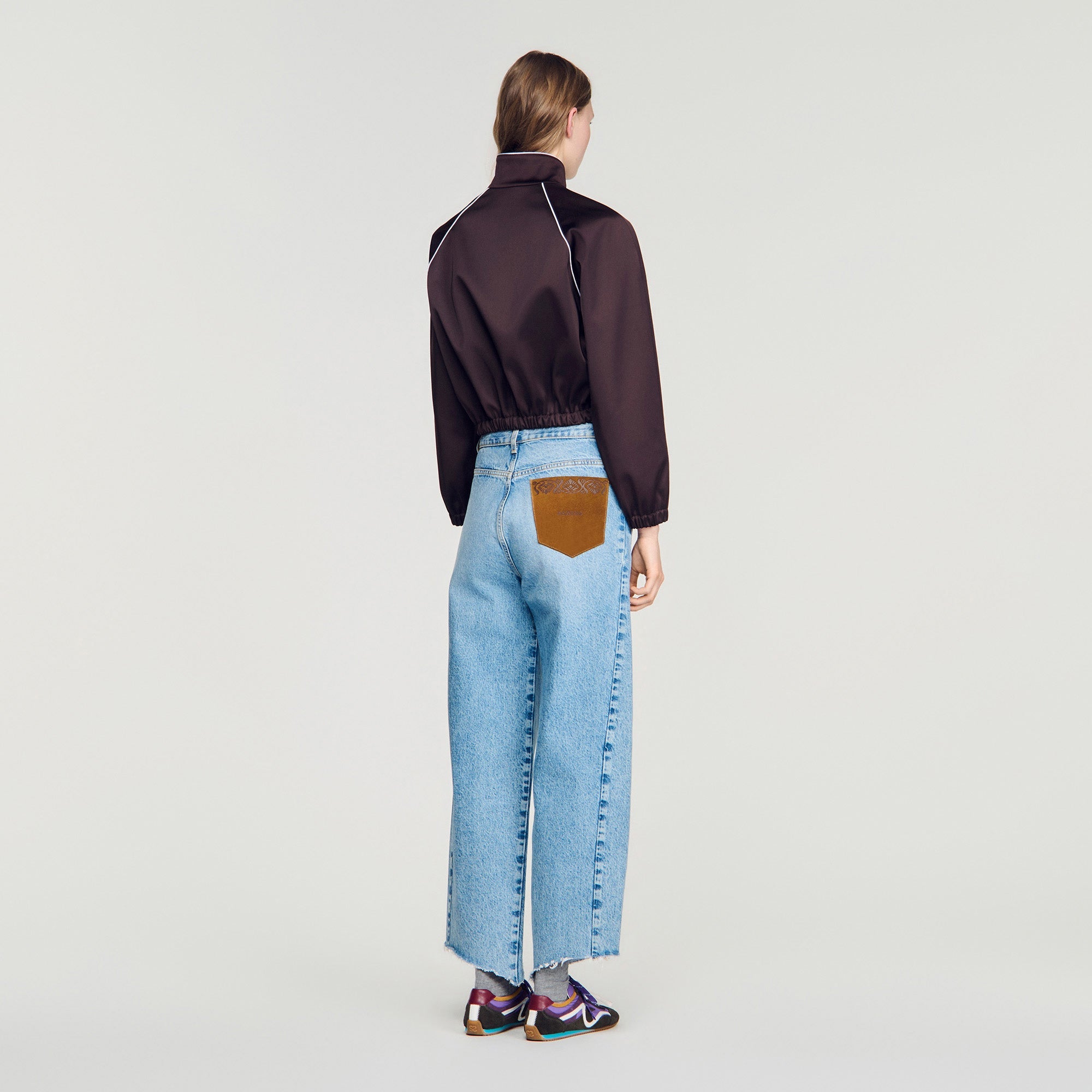 Lizy Cropped embroidered satin jacket Brown