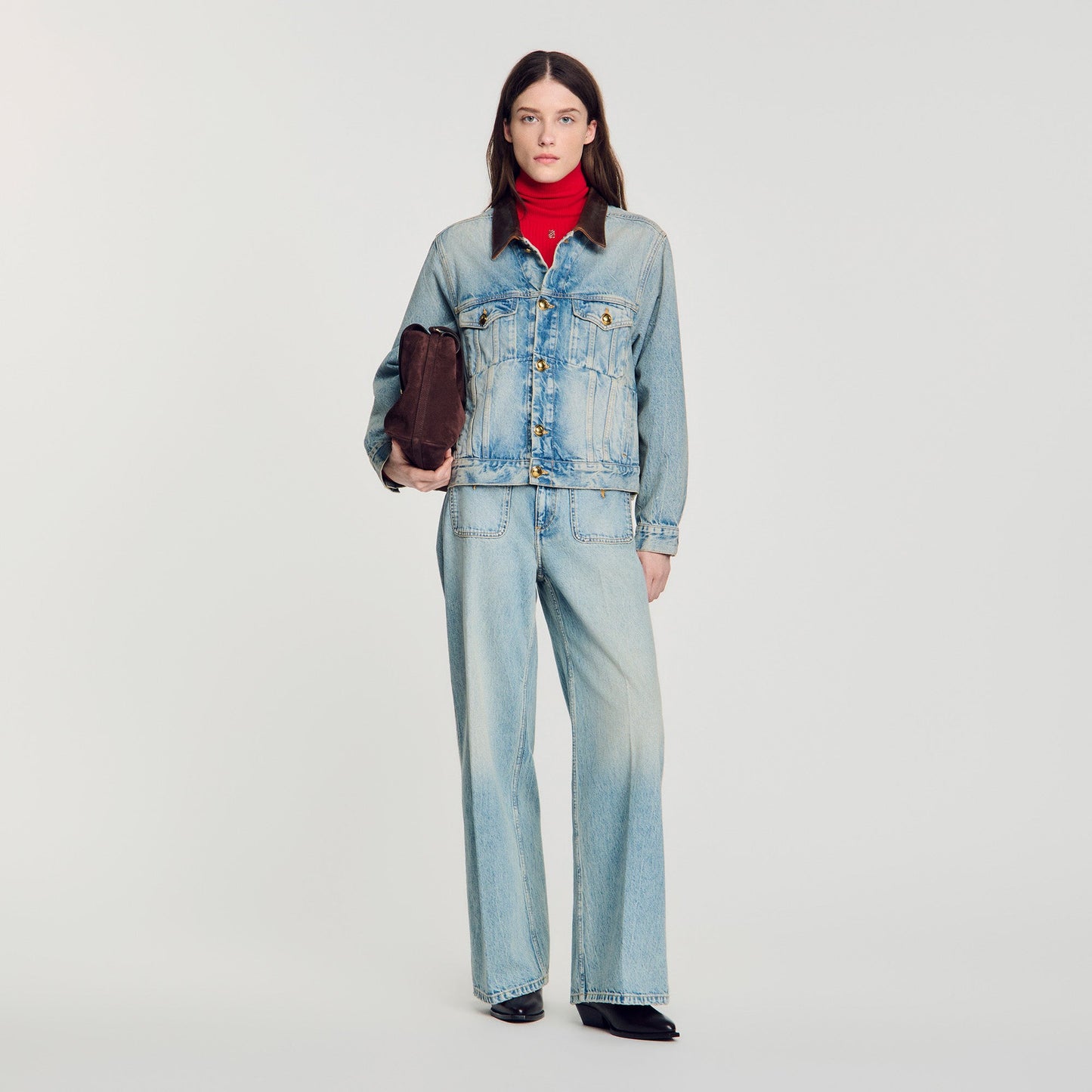 Freja Denim jacket with leather collar Blue Jean