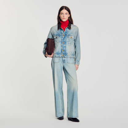 Freja Denim jacket with leather collar Blue Jean