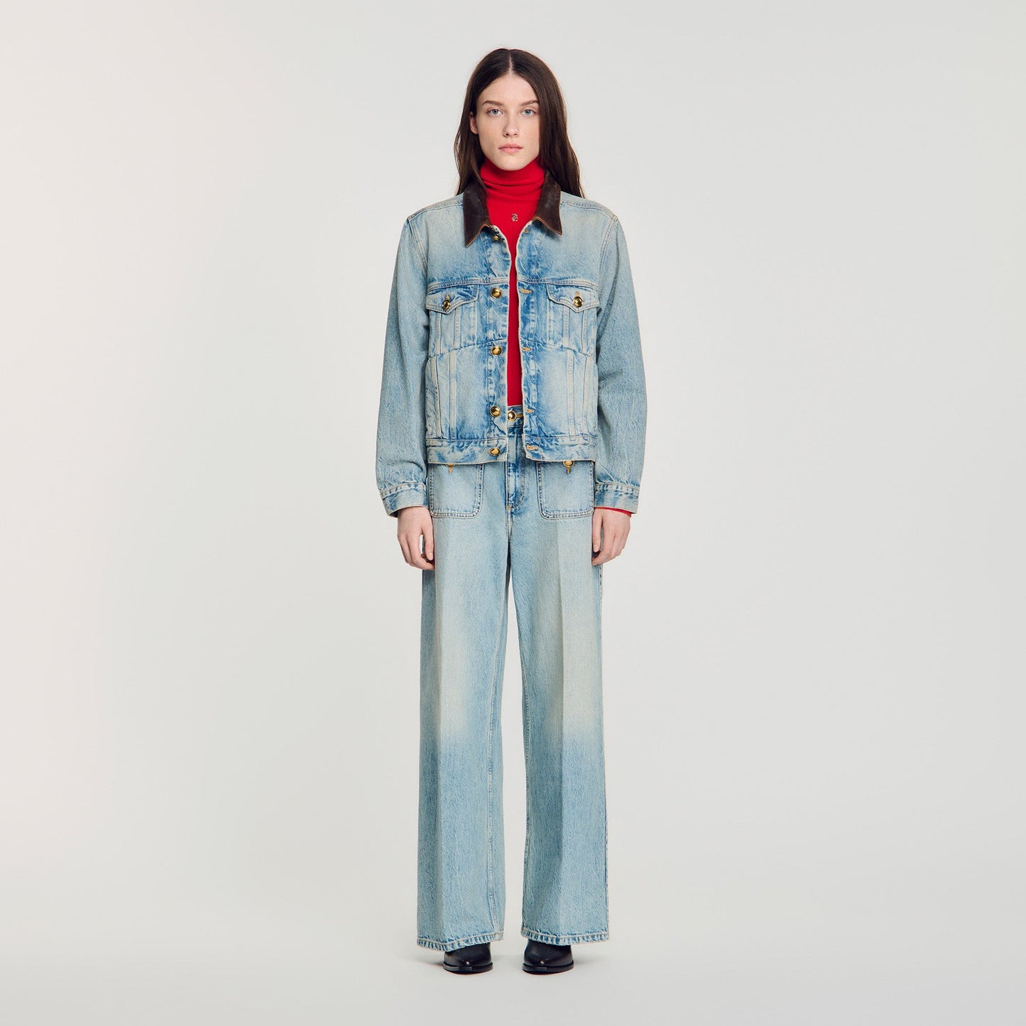 Freja Denim jacket with leather collar Blue Jean