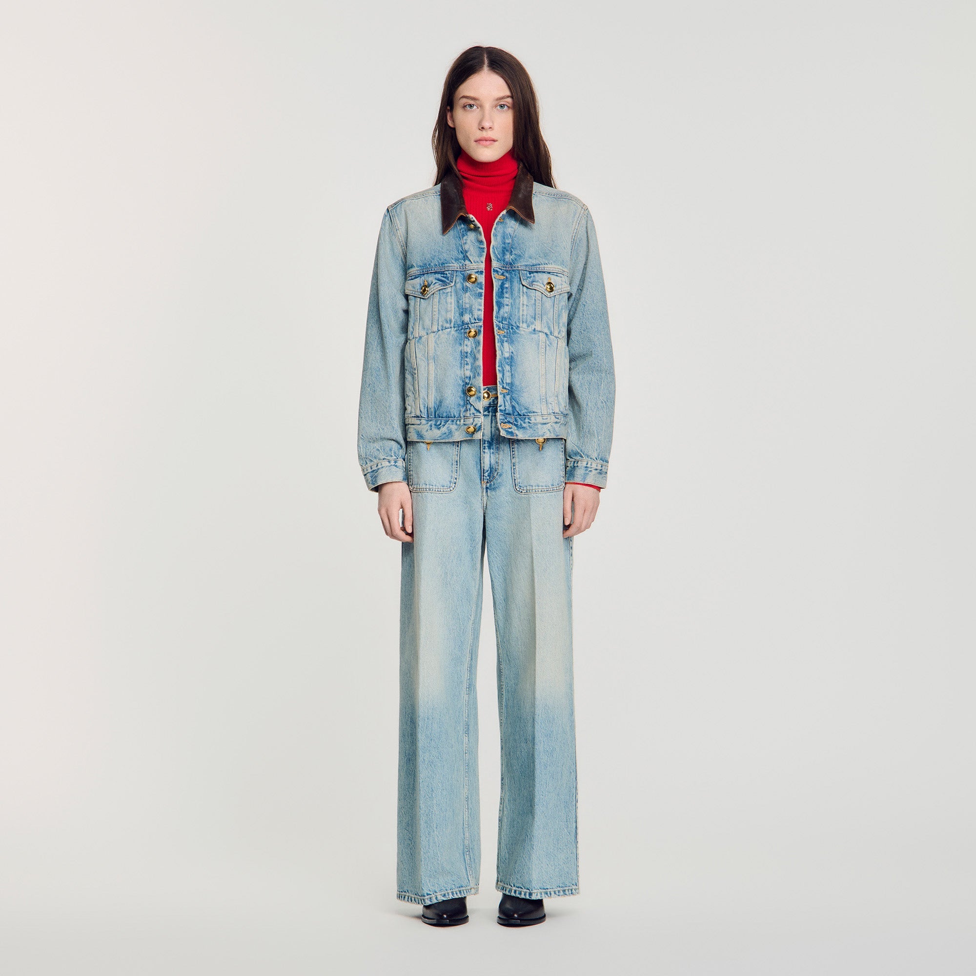 Freja Denim jacket with leather collar Blue Jean