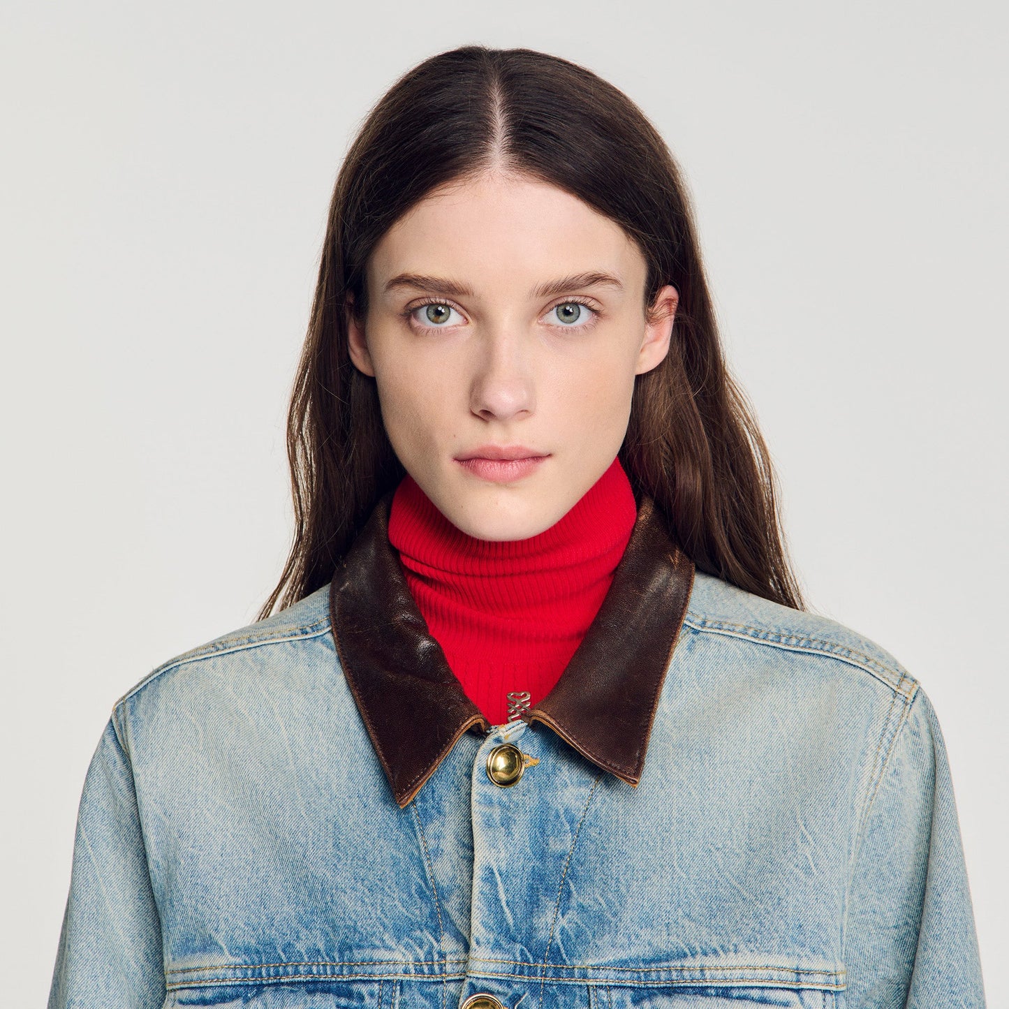 Freja Denim jacket with leather collar Blue Jean