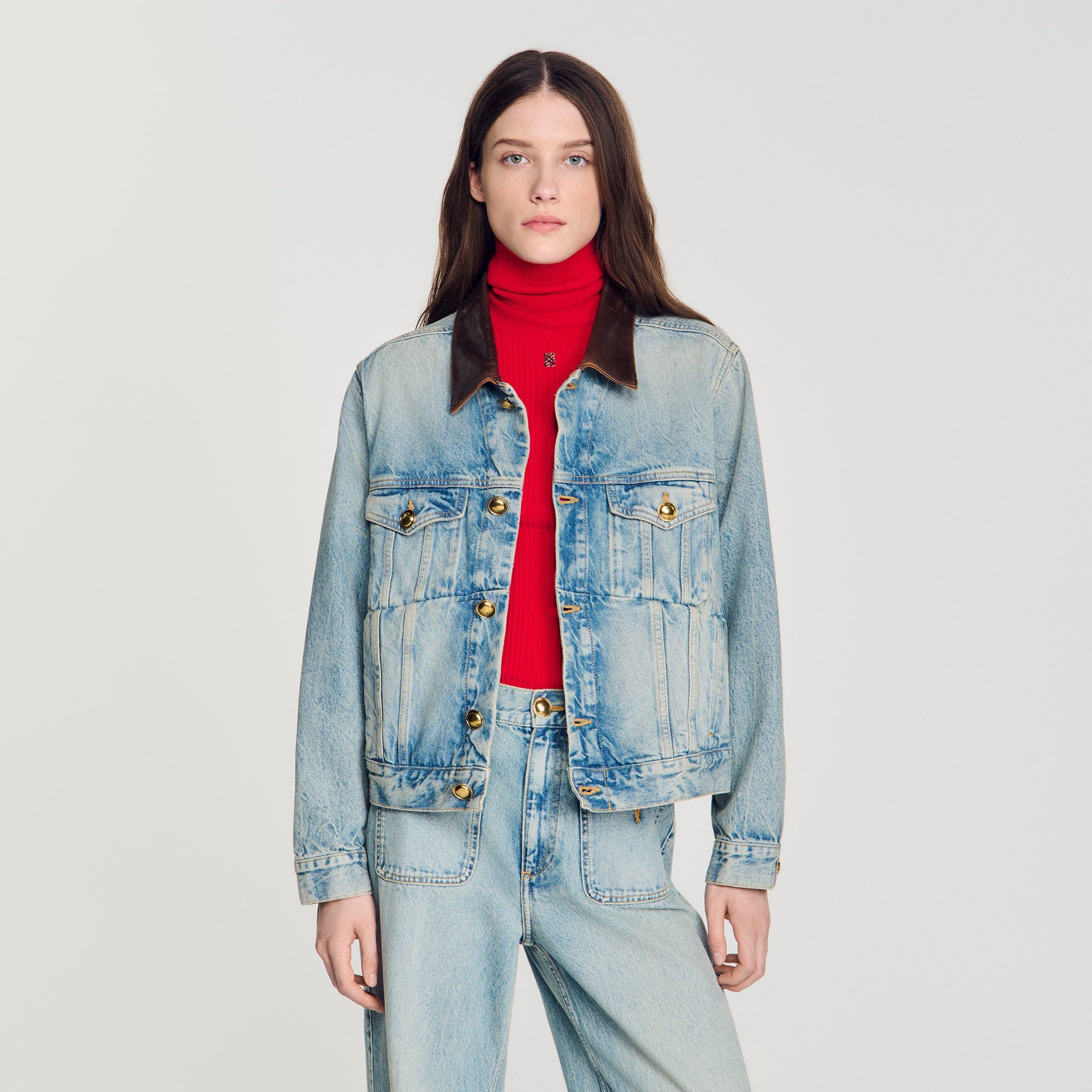 Freja Denim jacket with leather collar Blue Jean