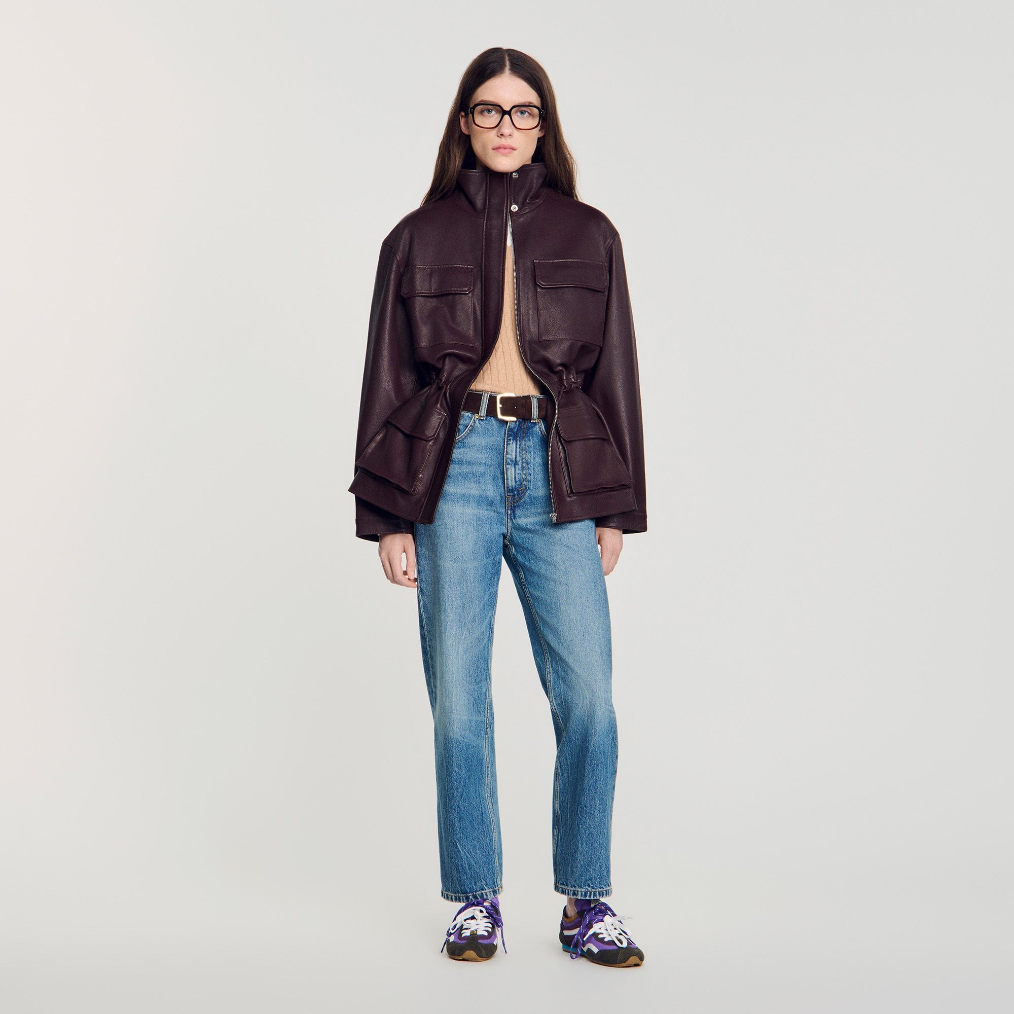 John Oversized leather collar jacket Bordeaux
