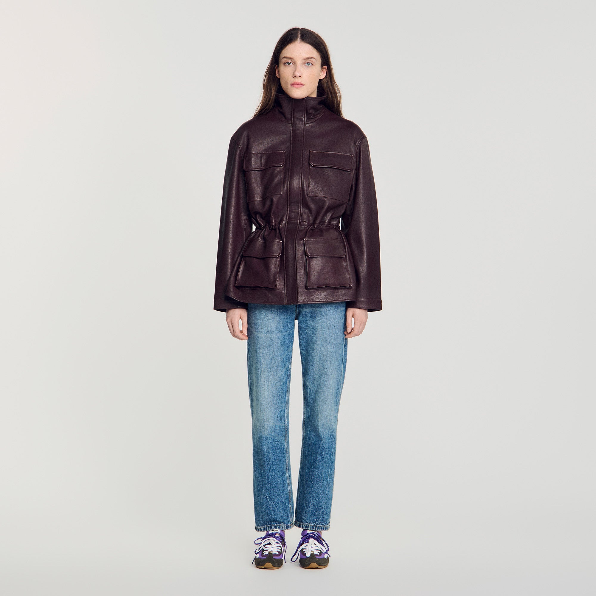 John Oversized leather collar jacket Bordeaux