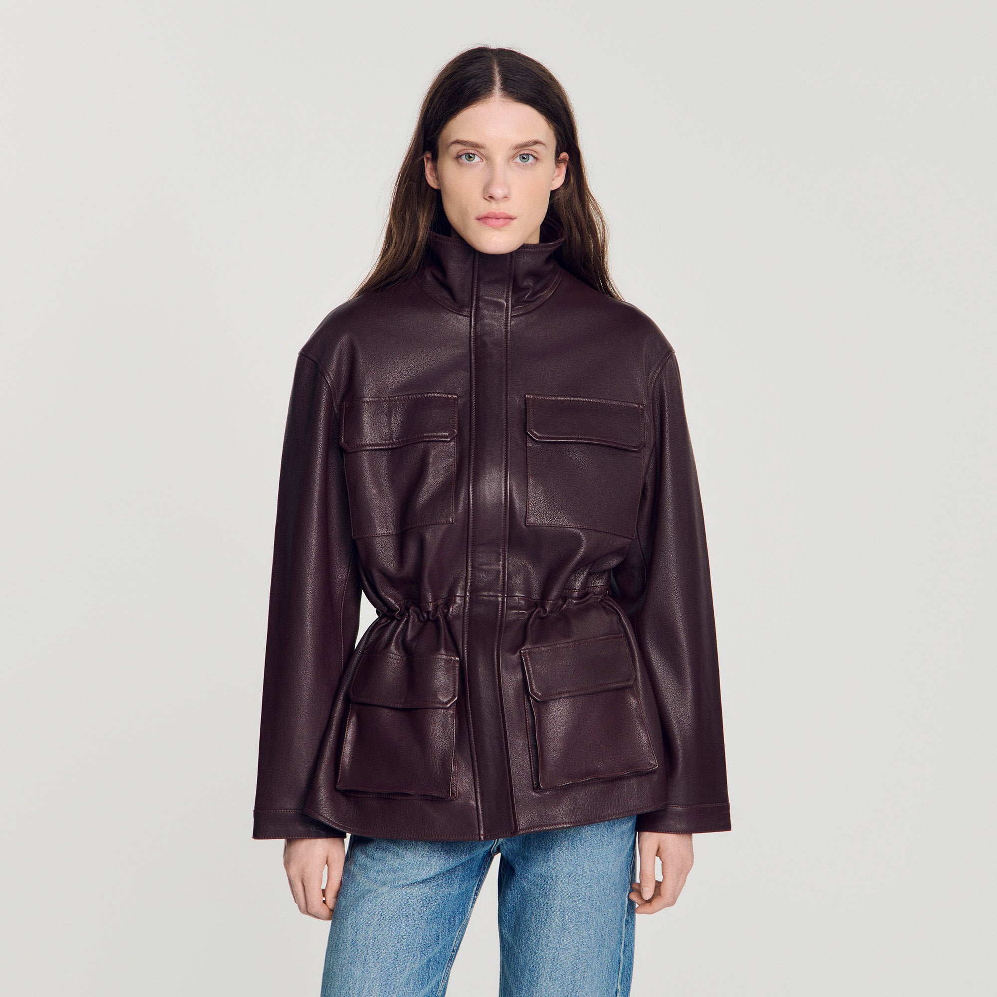 John Oversized leather collar jacket Bordeaux
