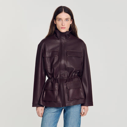 John Oversized leather collar jacket Bordeaux