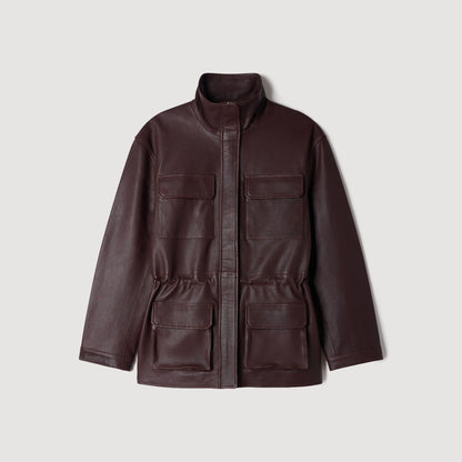 John Oversized leather collar jacket Bordeaux