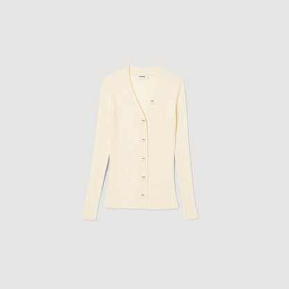 Fine Ribbed Knit Cardigan Ecru