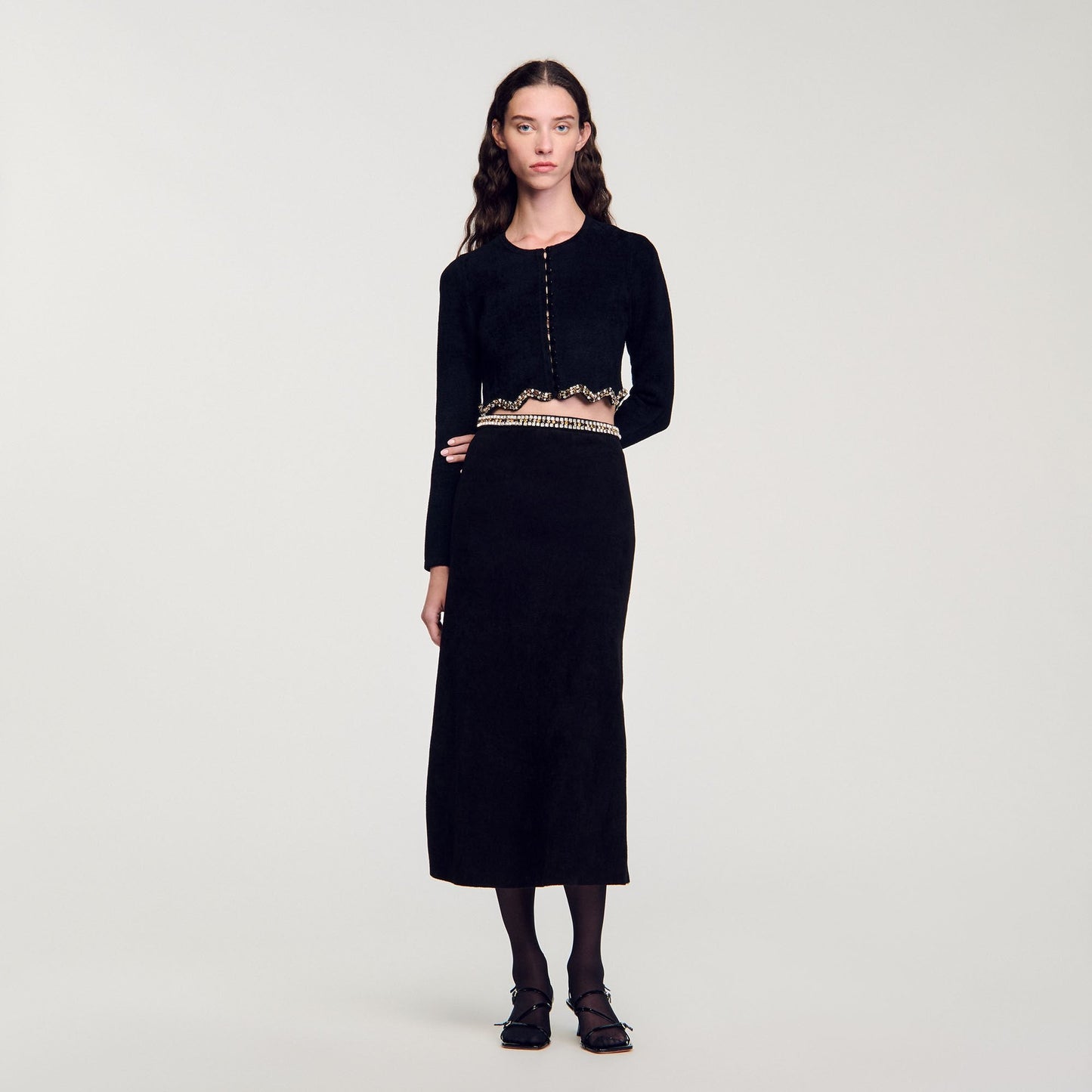Short Rhinestone Velvet Knit Cardie Black