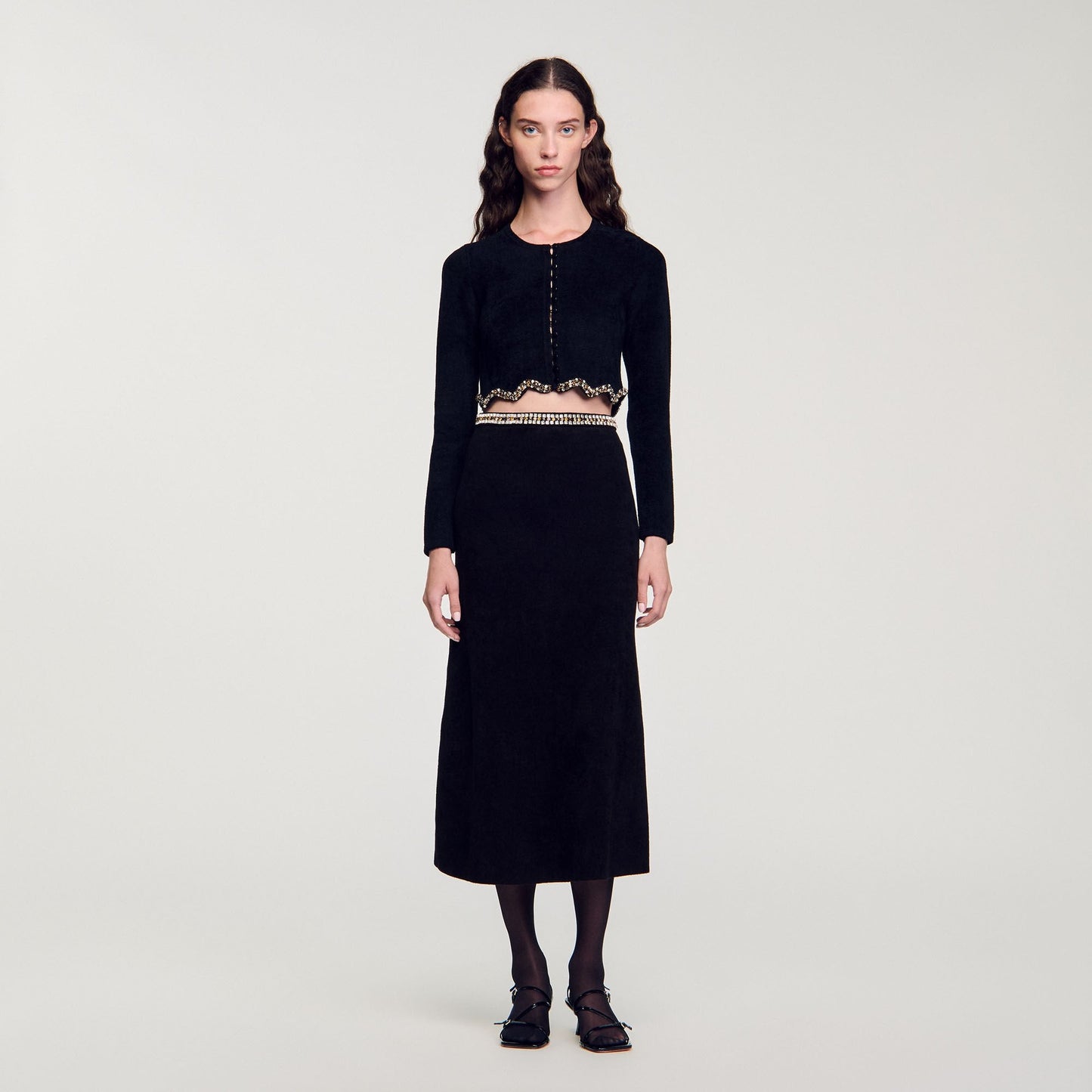 Short Rhinestone Velvet Knit Cardie Black