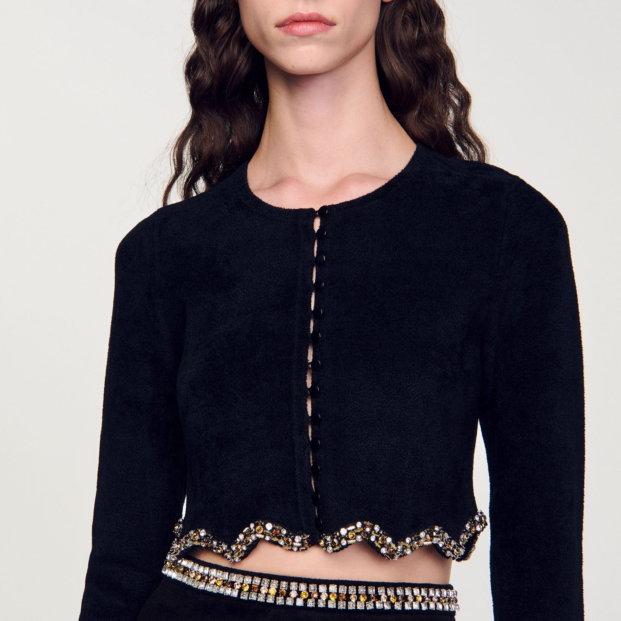 Short Rhinestone Velvet Knit Cardie Black