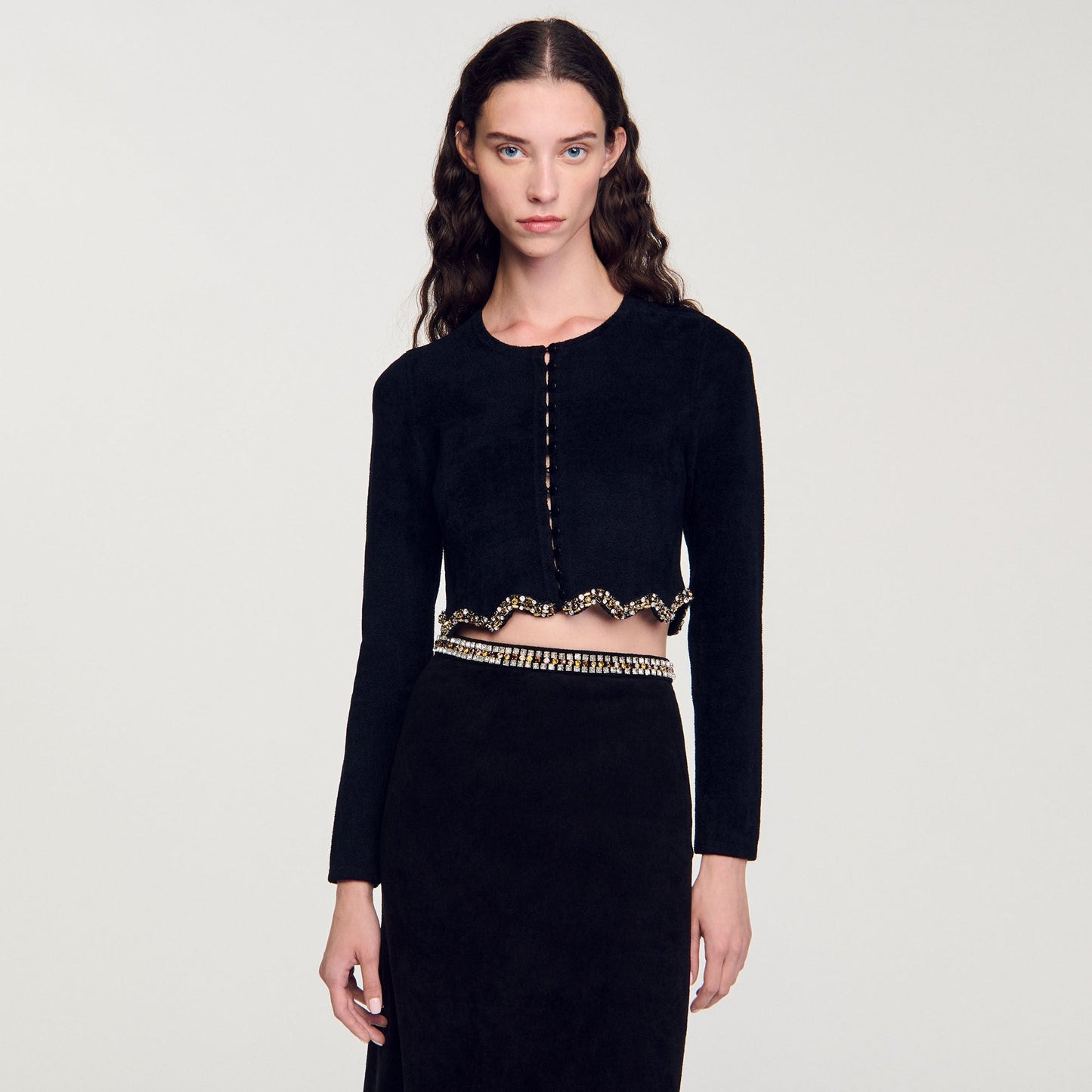 Short Rhinestone Velvet Knit Cardie Black