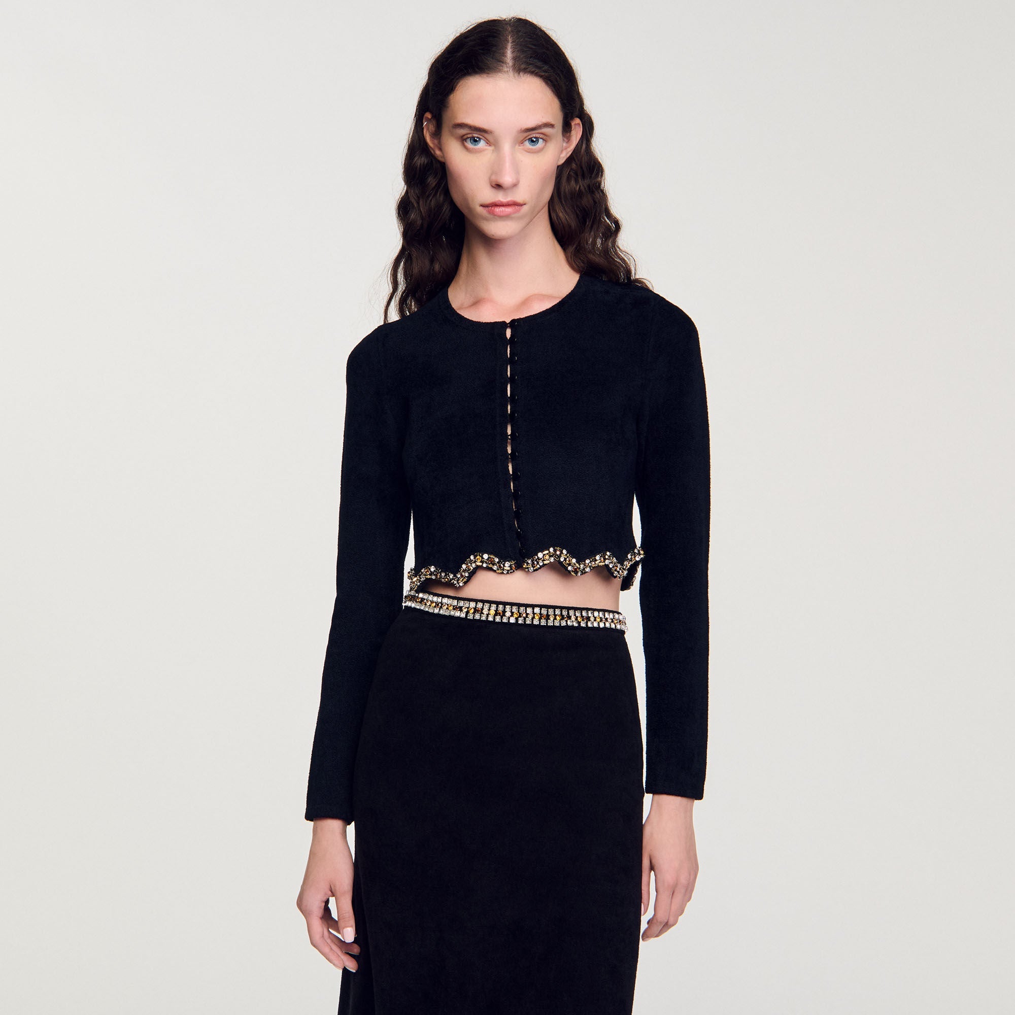 Short Rhinestone Velvet Knit Cardie Black