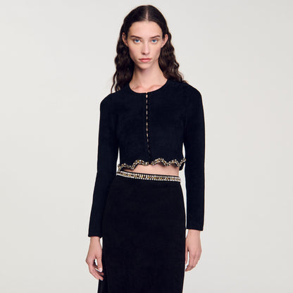 Short Rhinestone Velvet Knit Cardie Black