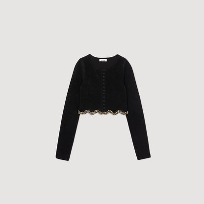 Short Rhinestone Velvet Knit Cardie Black