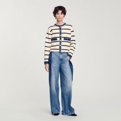Stripy Cardigan With Denim Details Ecru