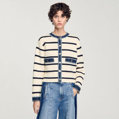 Stripy Cardigan With Denim Details Ecru