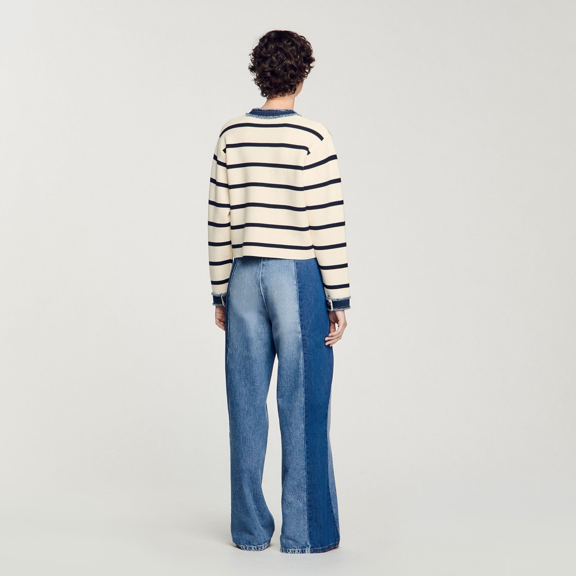 Stripy Cardigan With Denim Details Ecru