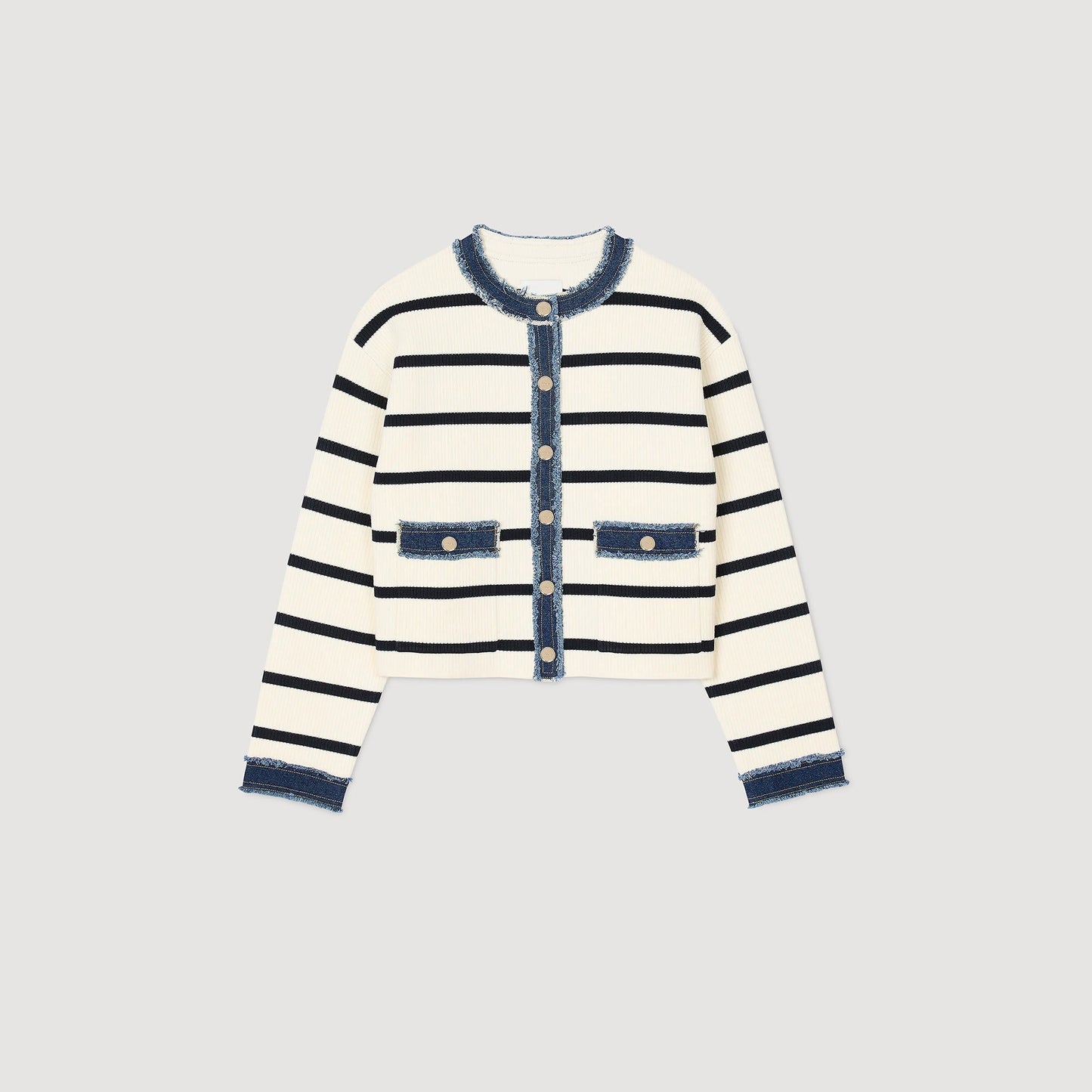 Stripy Cardigan With Denim Details Ecru