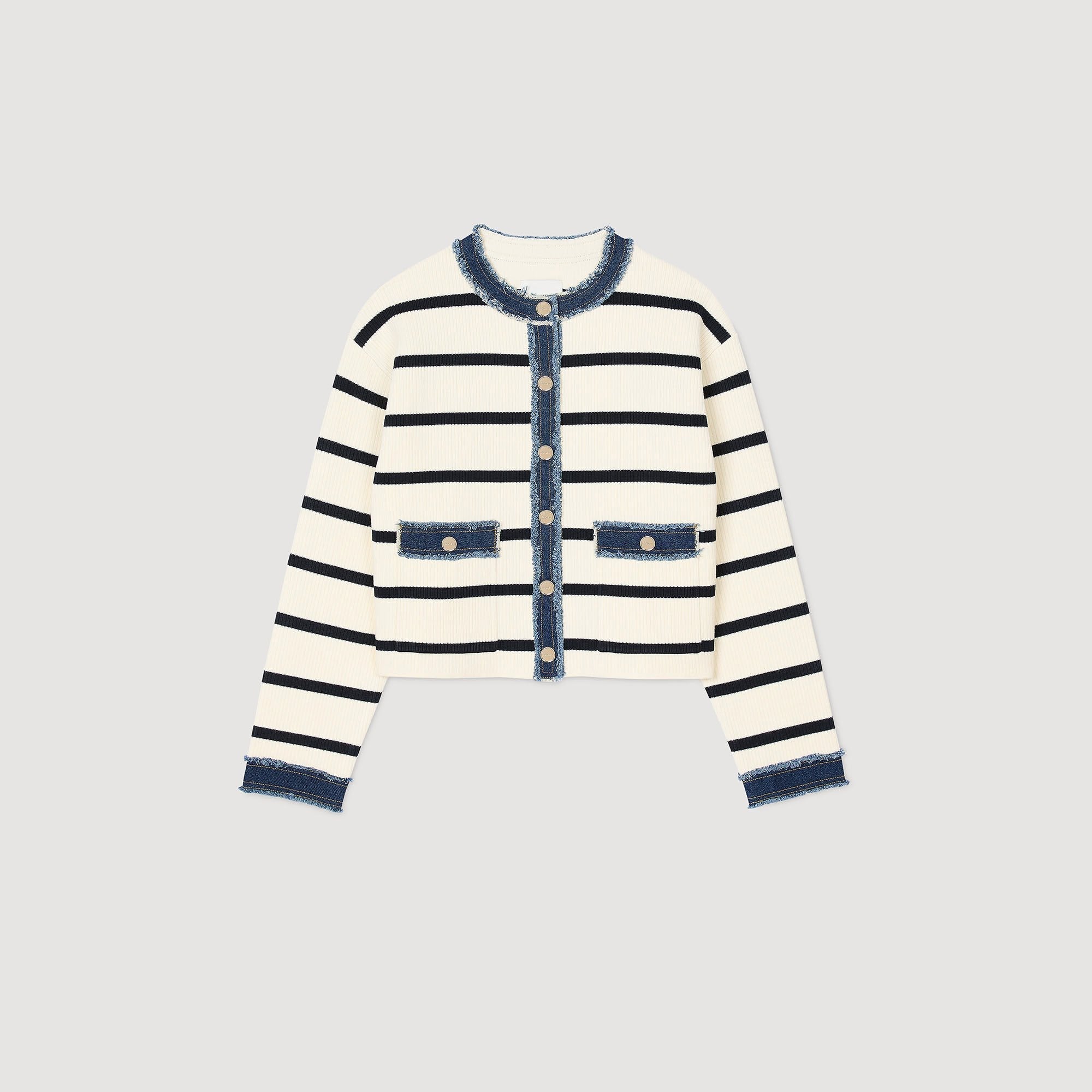 Stripy Cardigan With Denim Details Ecru