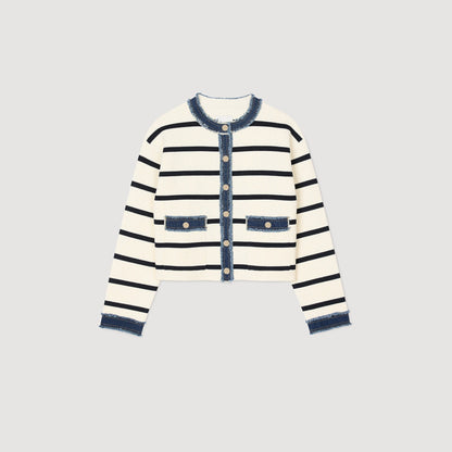 Stripy Cardigan With Denim Details Ecru