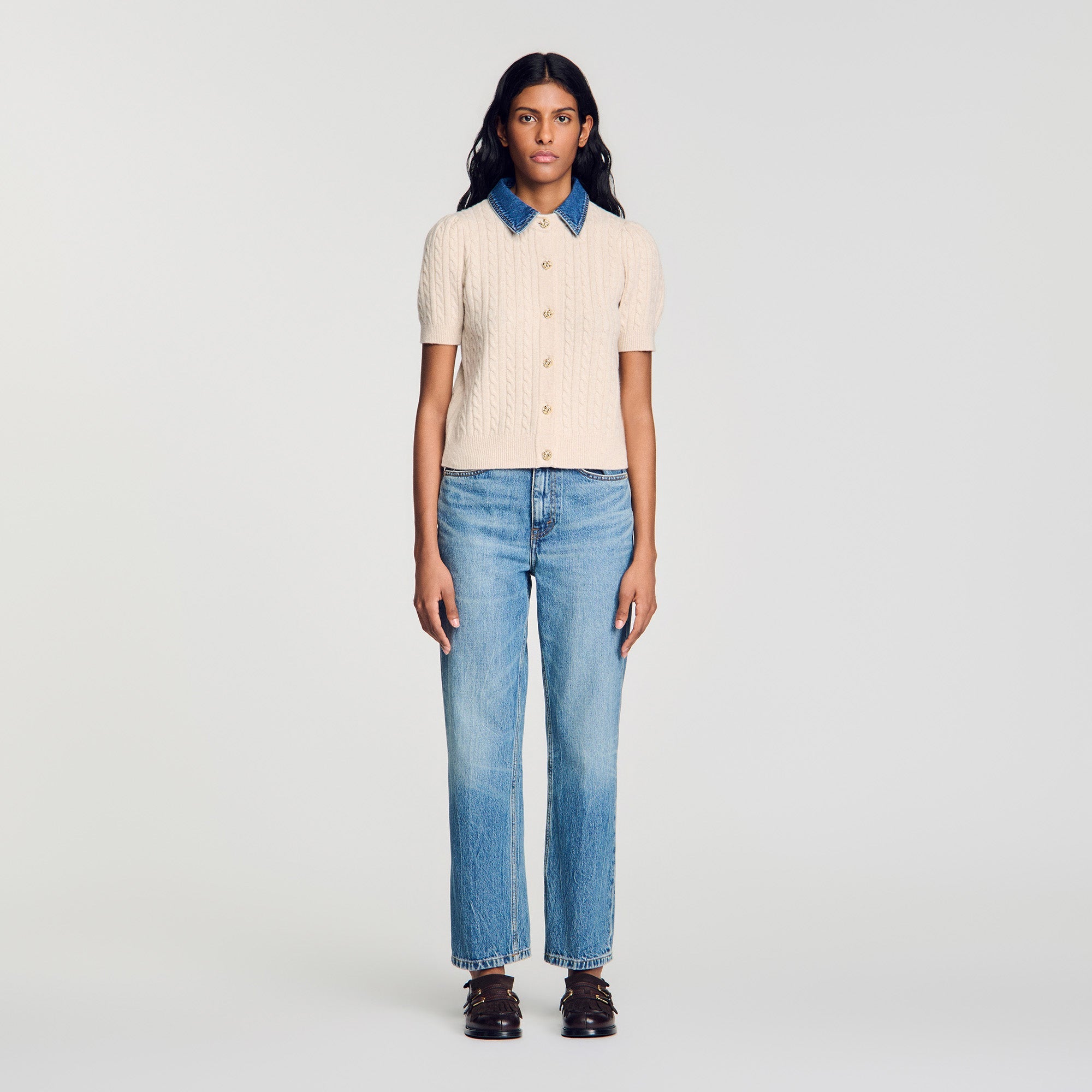 Mado Cardigan with denim collar Beige