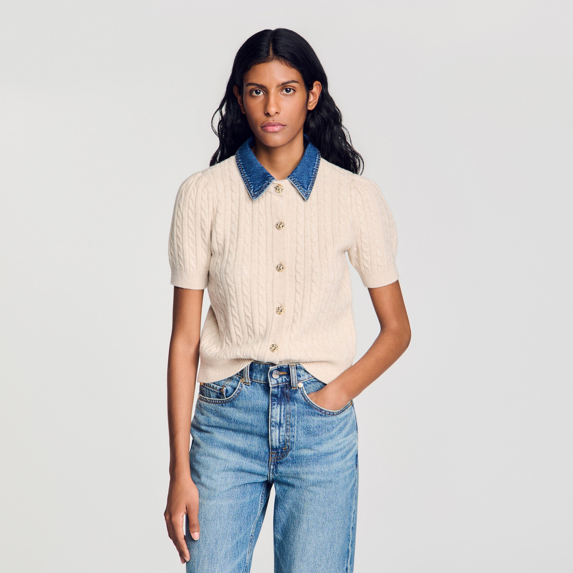 Mado Cardigan with denim collar Beige