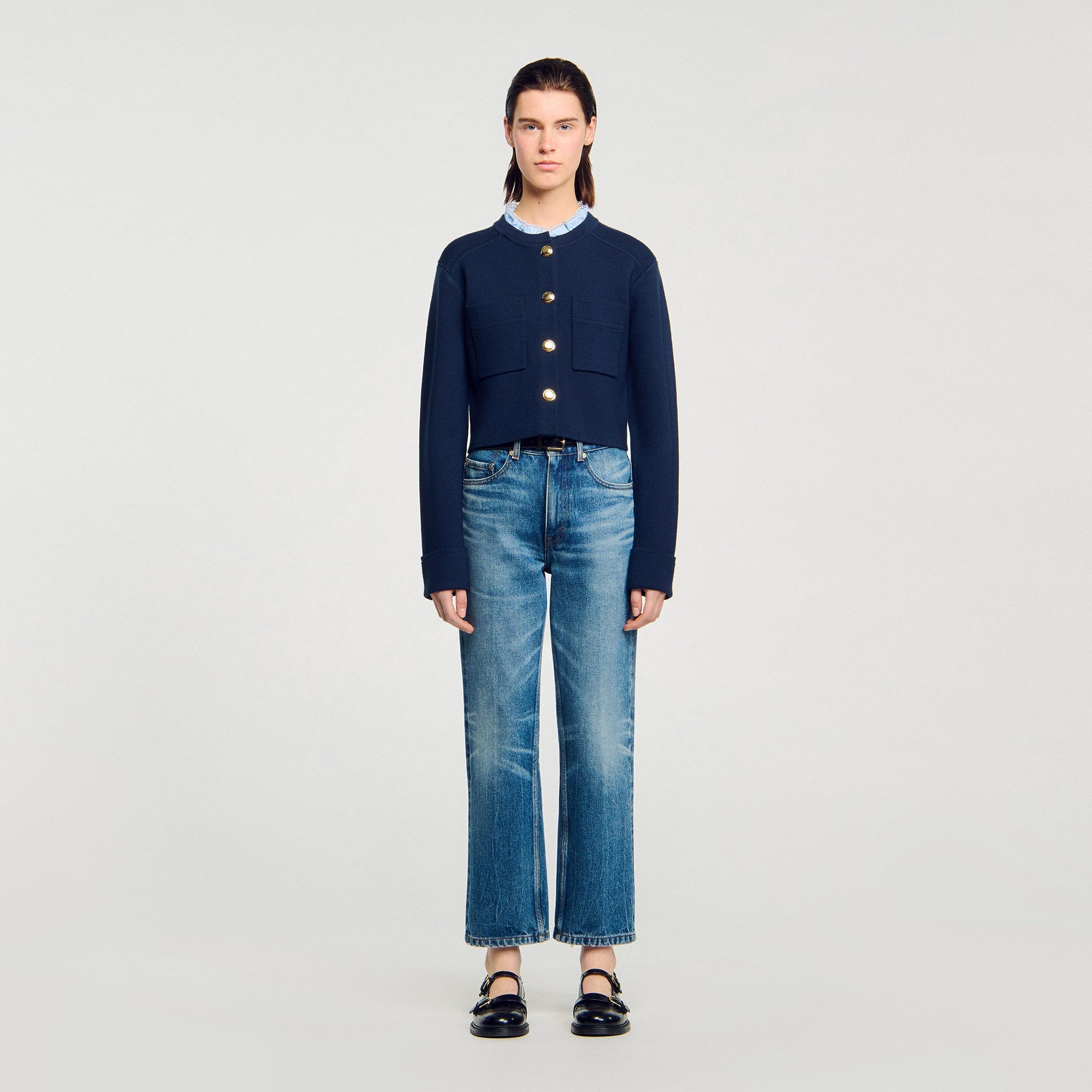 Meunie Cardigan With Ruffle Collar Navy Blue