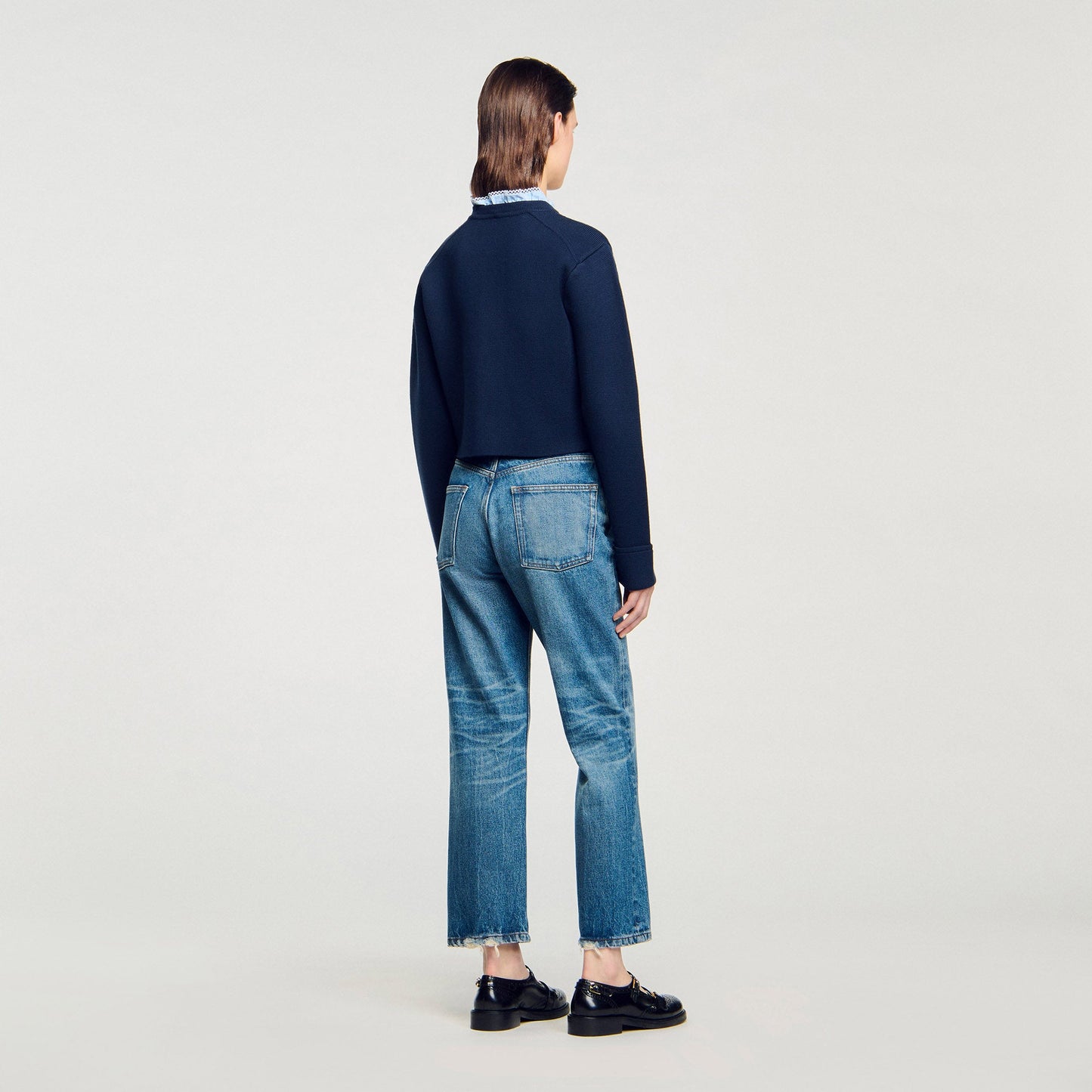 Meunie Cardigan With Ruffle Collar Navy Blue