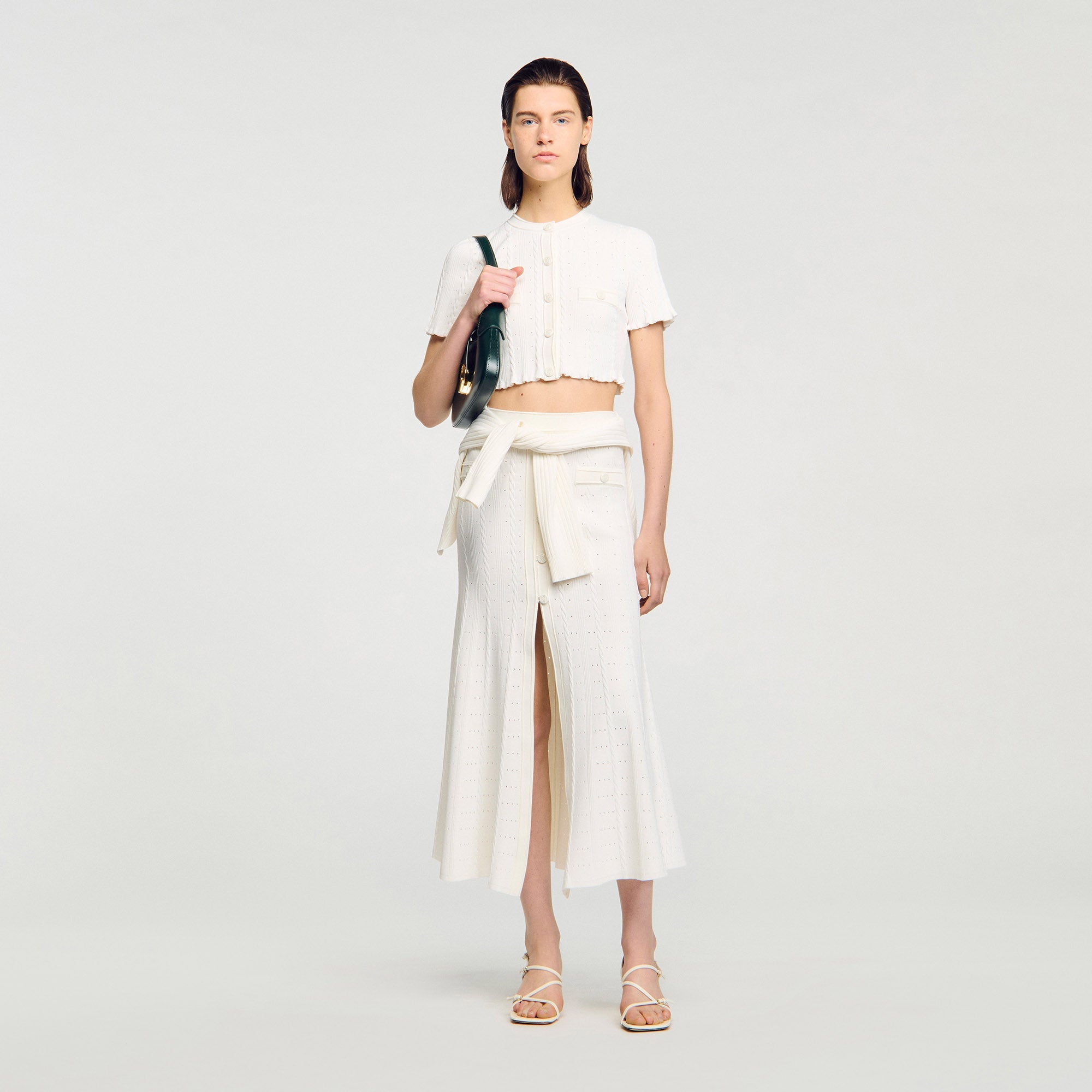 Nice Cropped Pointelle Knit Cardigan Ecru