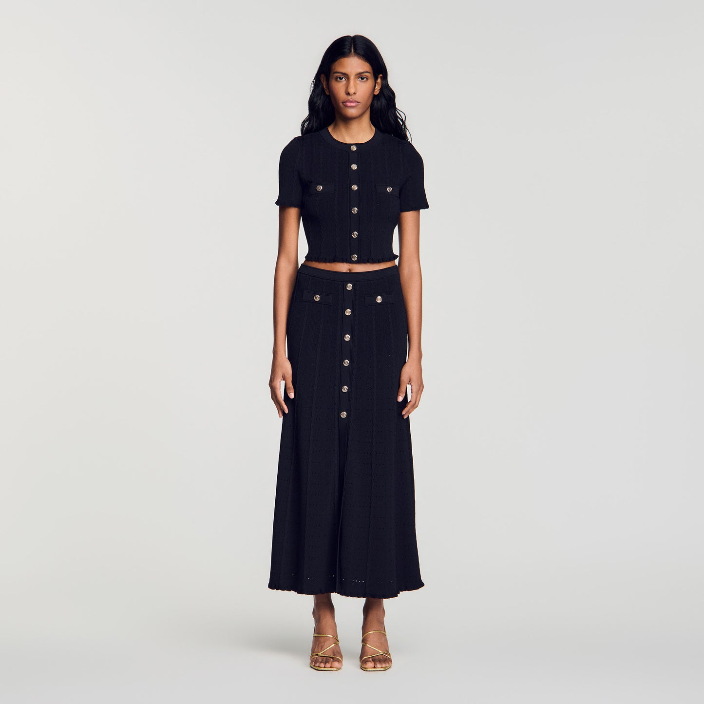 Nice Cropped Pointelle Knit Cardigan Black