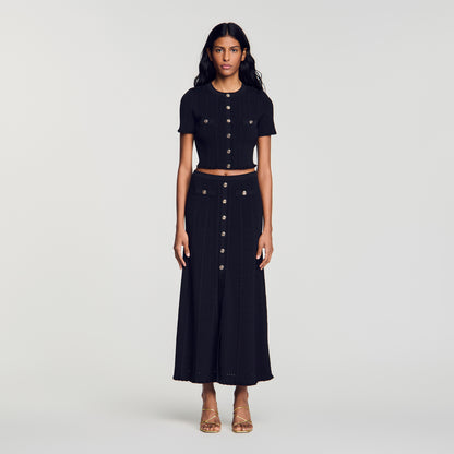 Nice Cropped Pointelle Knit Cardigan Black