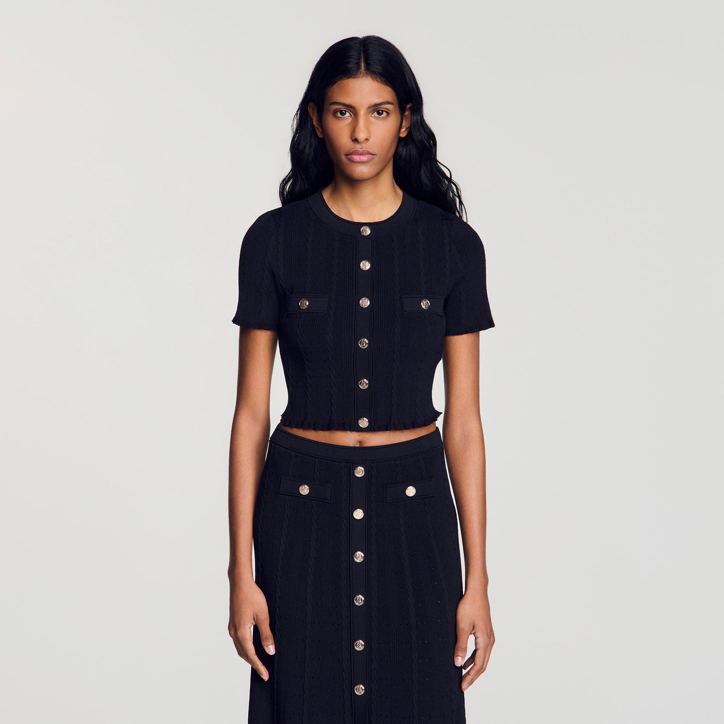 Nice Cropped Pointelle Knit Cardigan Black
