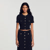 Nice Cropped Pointelle Knit Cardigan Black