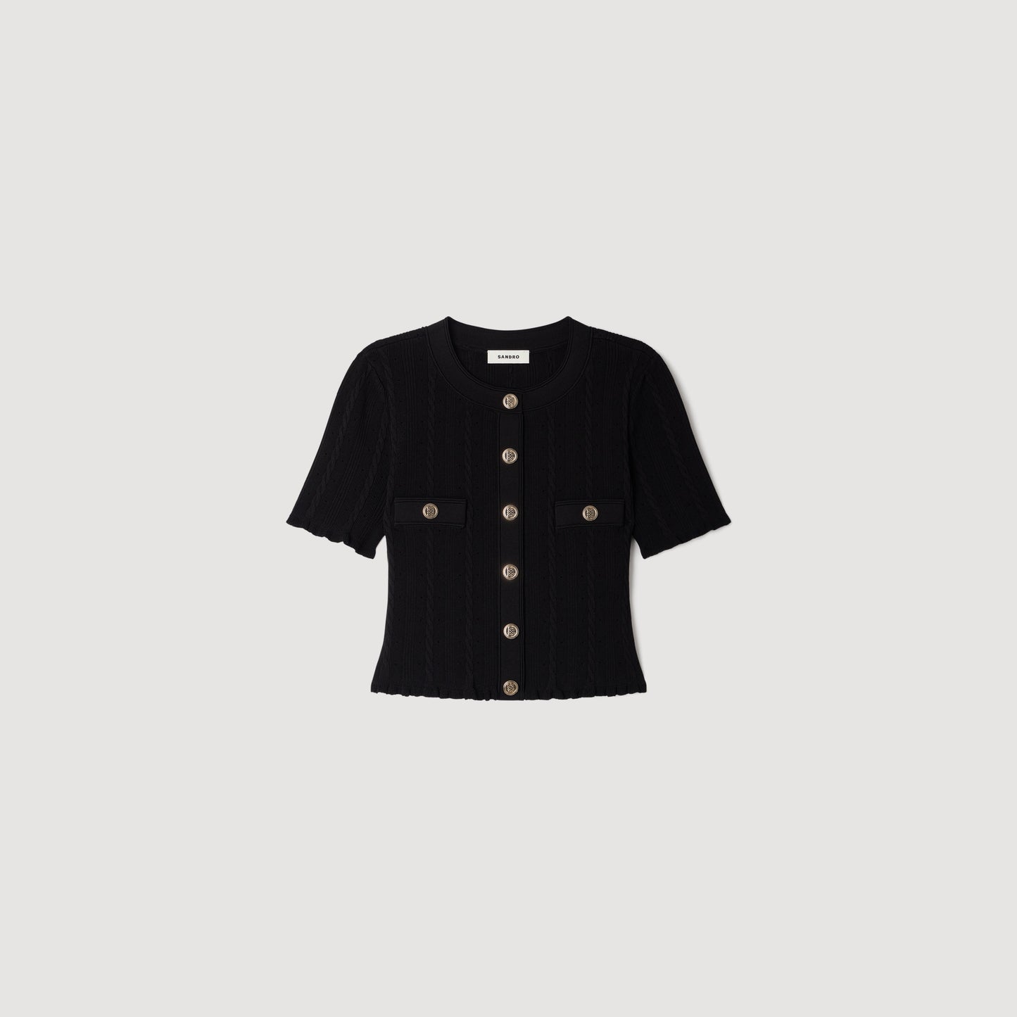 Nice Cropped Pointelle Knit Cardigan Black