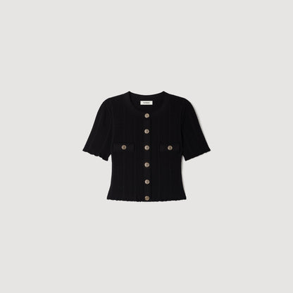 Nice Cropped Pointelle Knit Cardigan Black