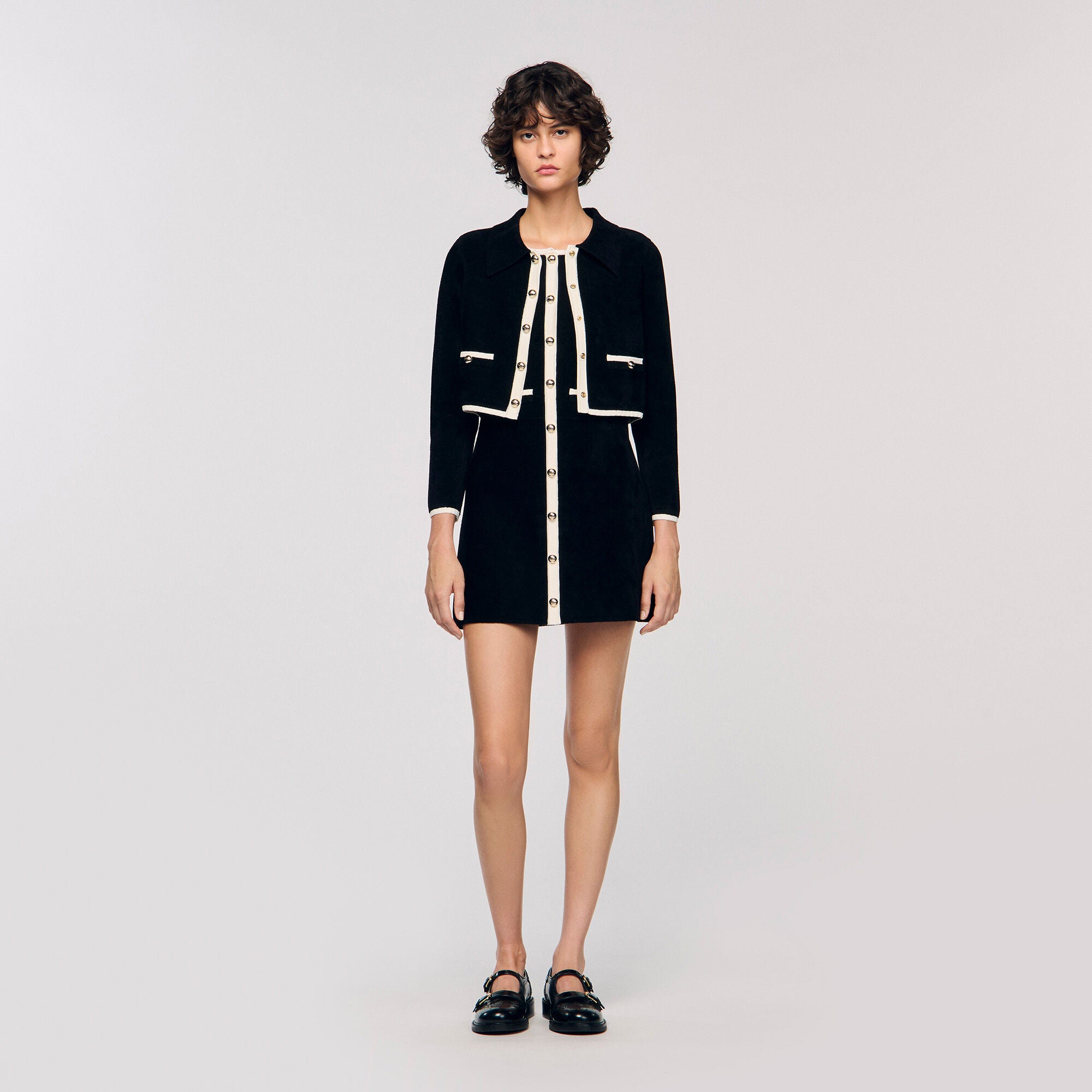 Fiorena Two-Tone Shirt Collar Cardigan Black