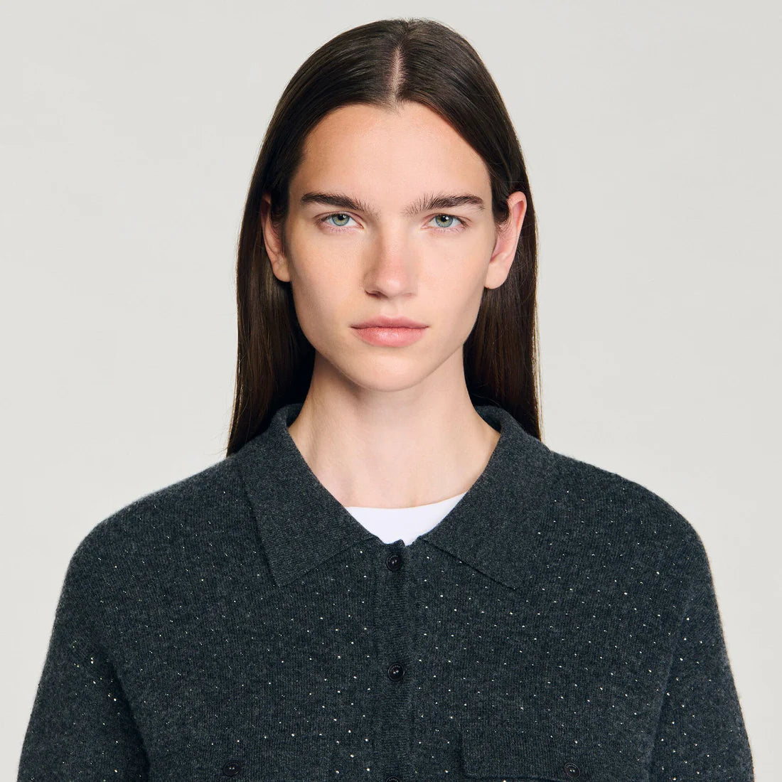 Vava Long Rhinestone Cardigan Charcoal Grey