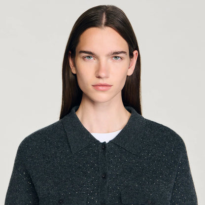 Vava Long Rhinestone Cardigan Charcoal Grey