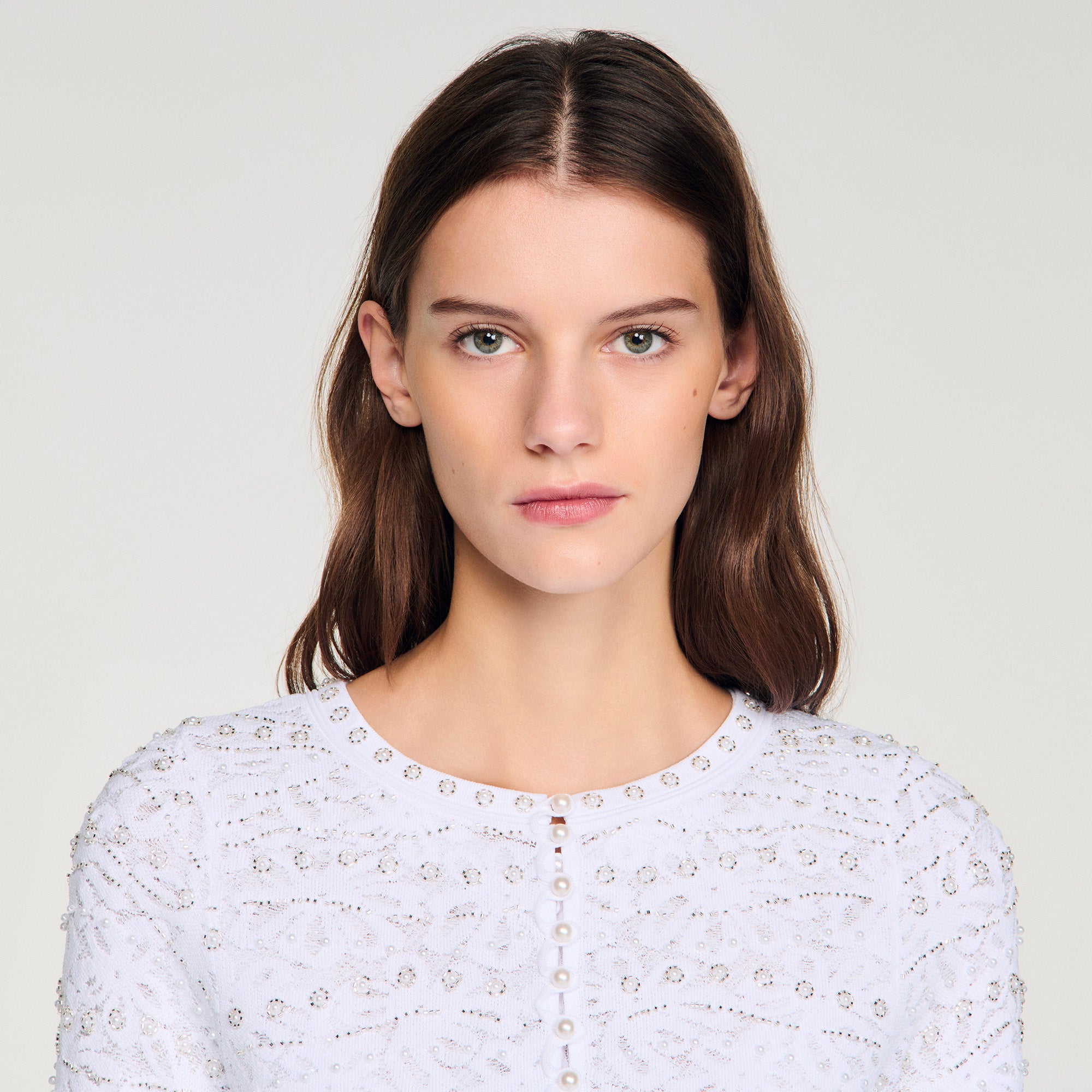 Leva Cropped Pearled Cardigan White