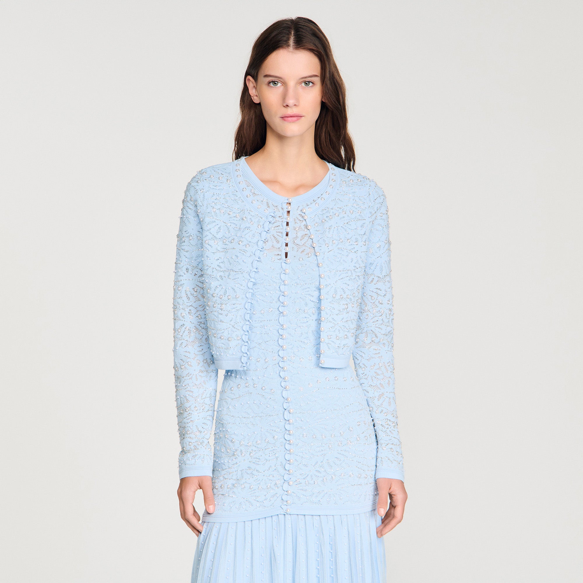 Leva Cropped Pearled Cardigan Sky Blue