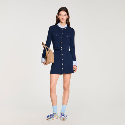 Claudie Cropped Rib Knit Cardigan Navy Blue