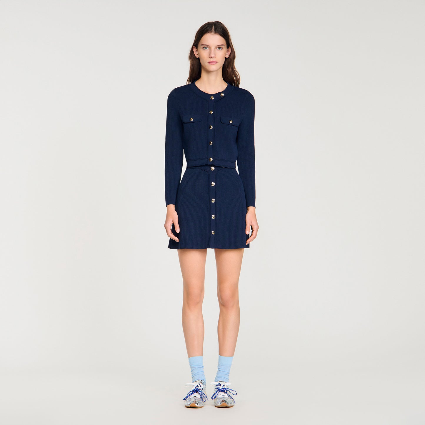 Claudie Cropped Rib Knit Cardigan Navy Blue