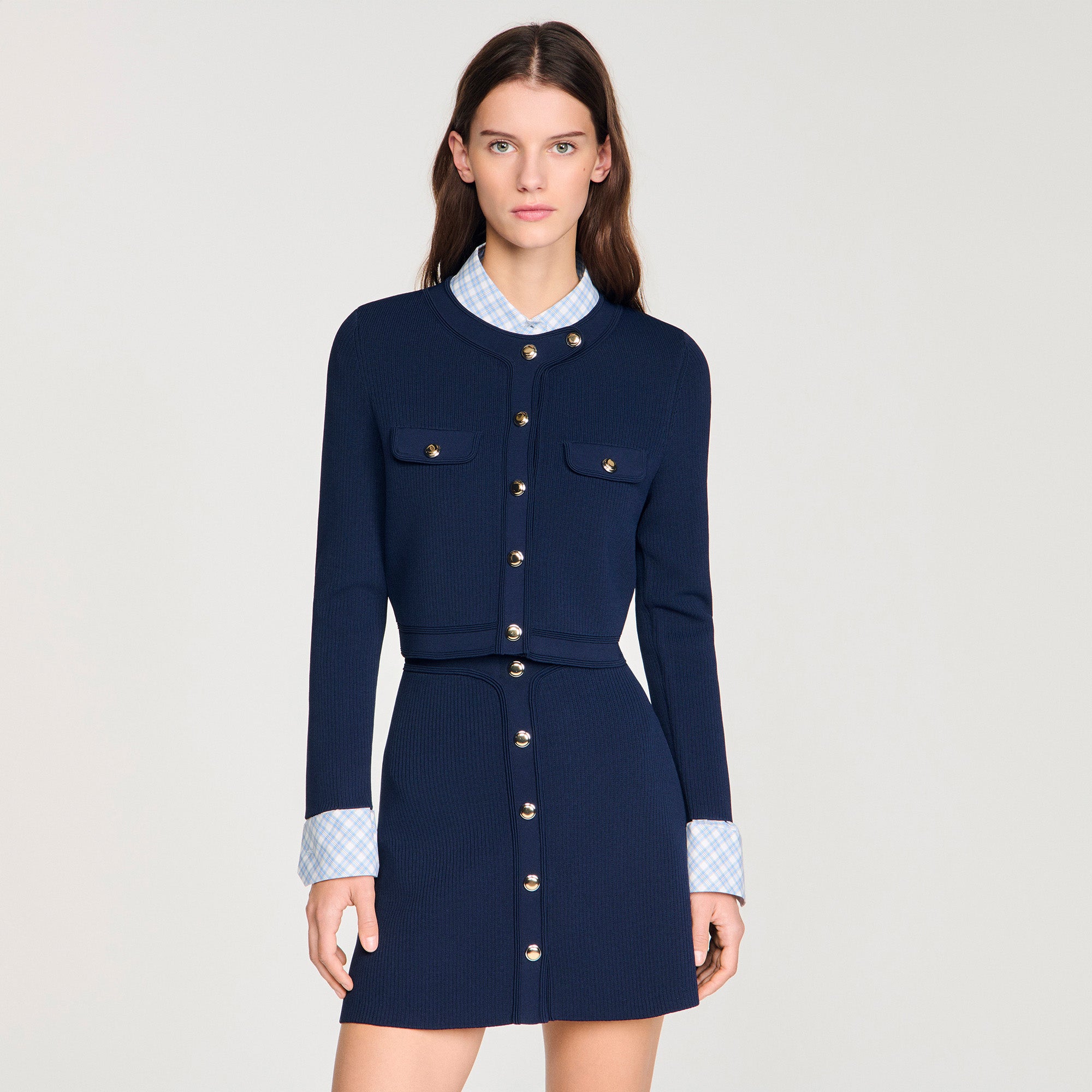 トップス herlipto UV Knit Dress Cardigan navy S Claudie Cropped Rib Knit Cardigan Navy Blue